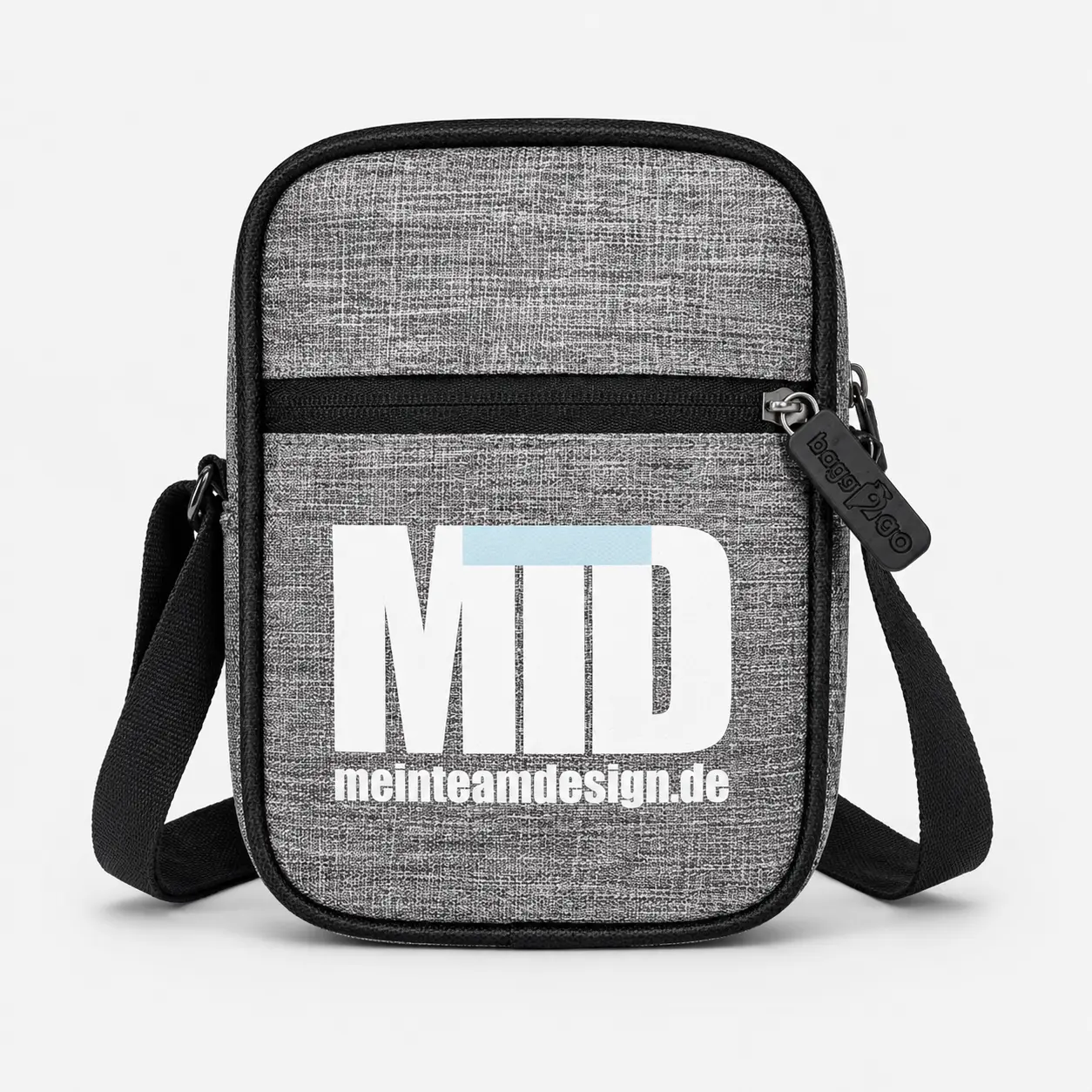 Graue Umhängetasche mit MeinTeamDesign-Aufdruck