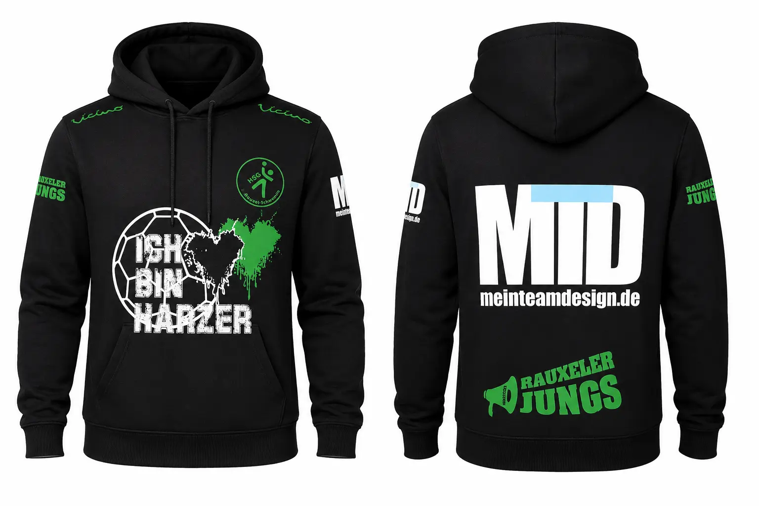 Schwarzer Vereins-Hoodie mit bedruckter Vorder- und Rückseite
