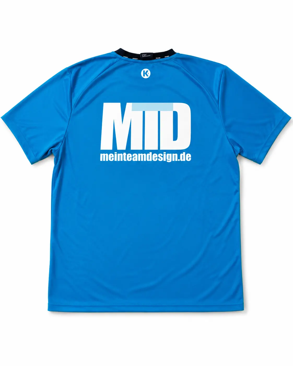 Rückseite eines blauen Kempa-Teamshirts mit MeinTeamDesign-Druck