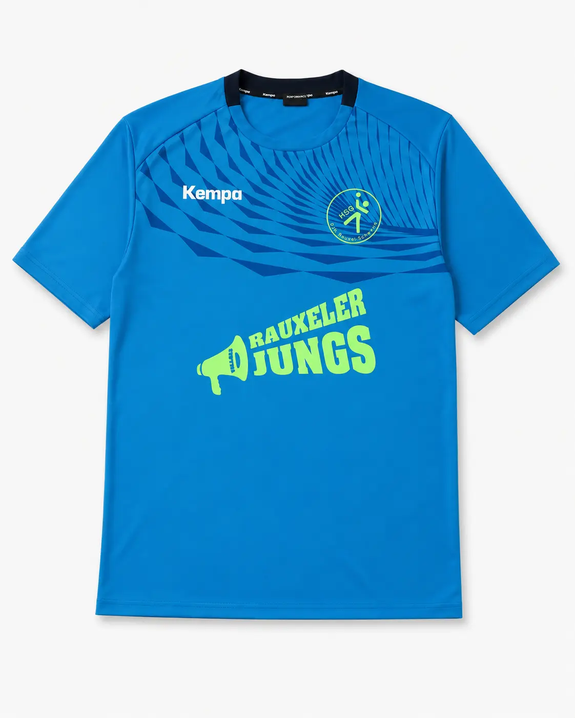 Vorderseite eines blauen Kempa-Teamshirts mit Vereinsdruck
